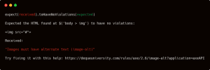 Resultado do teste: esperava zero erros, encontrou um erro com a ausência do atributo alt