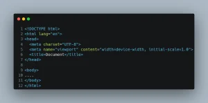 Código fonte HTML com a estrutura básica e com o atributo lang preenchido com o idioma em inglês.