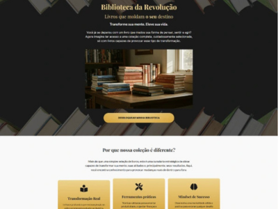 Design da landing page Biblioteca da Revolução, apresentando livros e conteúdo educativo.
