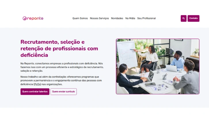 Captura de tela do site Reponto mostrando uma interface limpa e profissional com foco em recrutamento.