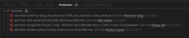 Erros apontados pelo axe linter