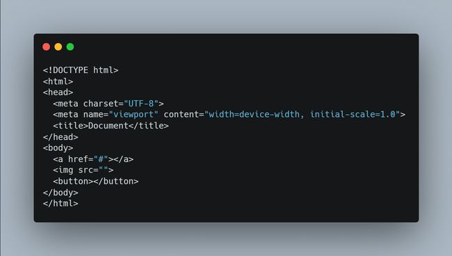 Trecho de código inacessível, sem idioma definido, link e botão sem rótulo e imagem sem texto alternativo. 
