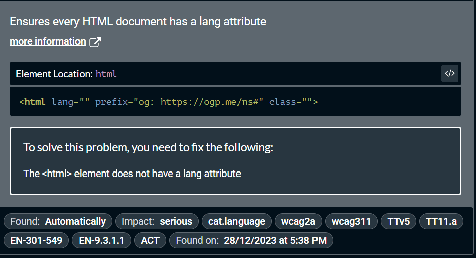 Print do axe dev tools informando que o uso do atributo lang é obrigatório.