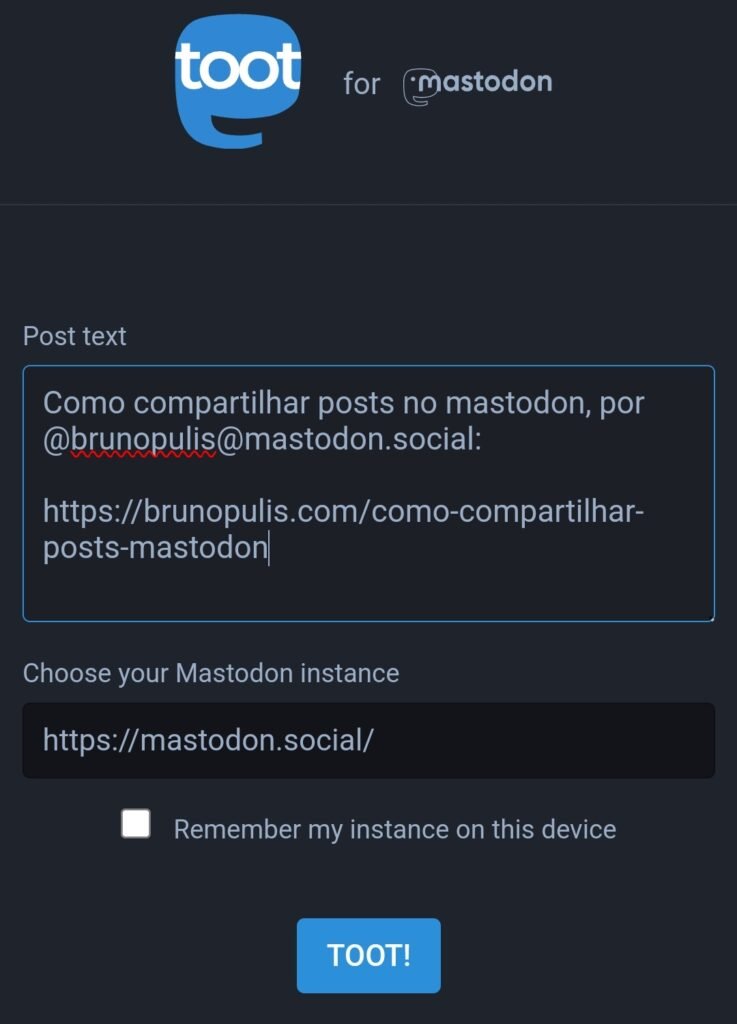 Print da tela de compartilhamento do Mastodon com o título do artigo, meu usuário e o link
